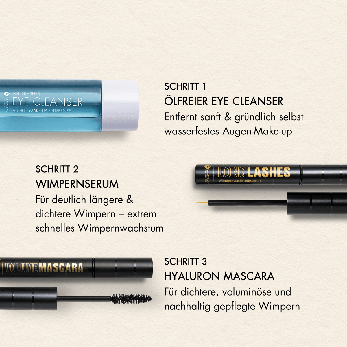 Übersicht der Vorteile und Schritt Anwendung des Dr. Massing Eye Cleanser und LongLashes Classic und Mascara, wie: "entfernt sanft und gründlich selbst wasserfestes Augen-Make-up", "Für deutlich längere & dichtere Wimpern - extrem schnelles Wimpernwachstum", "Für dichtere, voluminöse und nachhaltig gepflegte Wimpern"