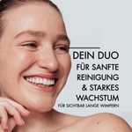 Nahaufnahme Frau mit schönen langen Wimpern, darunter steht "Dein Duo für sanfte Reinigung & starkes Wachstum für sichtbar lange Wimpern" 
