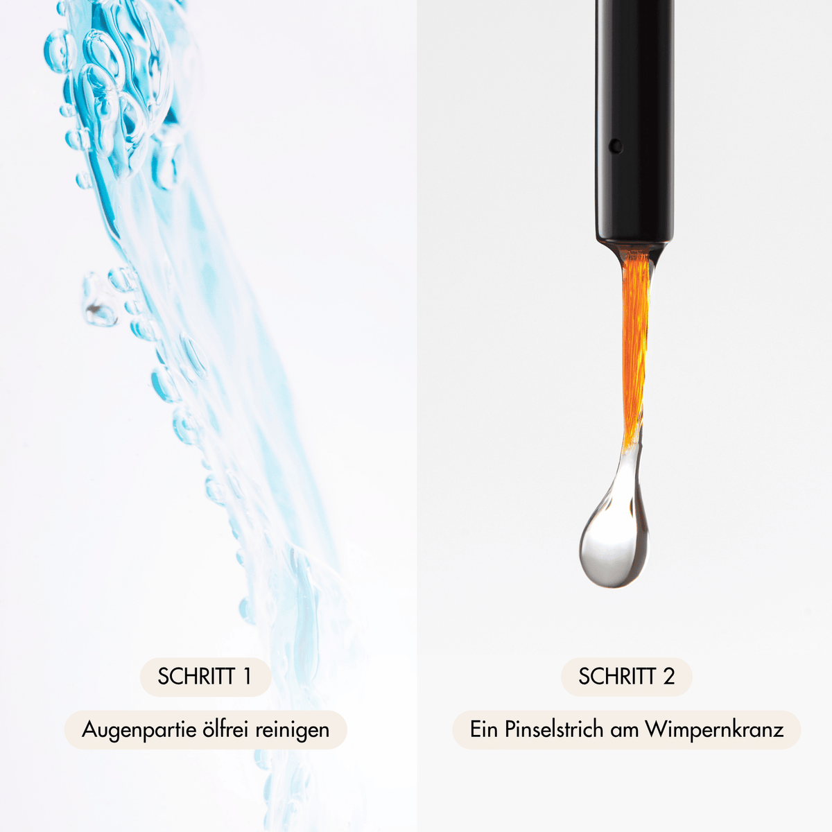 Schritte und Textur des Eyeconic Duo Classic Sets mit Wimeprnserum und  Eye Cleanser, wie "Schritt 1 Augenpartie ölfrei reinigen", "Schritt 2 Ein Pinselstrich am Wimpernkranz"