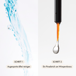 Schritte und Textur des Eyeconic Duo Classic Sets mit Wimeprnserum und  Eye Cleanser, wie "Schritt 1 Augenpartie ölfrei reinigen", "Schritt 2 Ein Pinselstrich am Wimpernkranz"