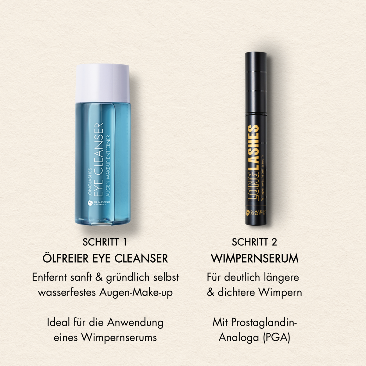 Schritte und Vorteile des Eyeconic Duo Classic mit Eye Cleanser und LongLashes Classic Wimpernserum, wie "Entfernt sanft & gründlich selbst wasserfestes Make-up", "Für deutlich längere &  dichtere Wimpern, mit Prostaglandin-Analoga (PGA)"