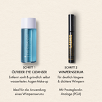 Schritte und Vorteile des Eyeconic Duo Classic mit Eye Cleanser und LongLashes Classic Wimpernserum, wie "Entfernt sanft & gründlich selbst wasserfestes Make-up", "Für deutlich längere &  dichtere Wimpern, mit Prostaglandin-Analoga (PGA)"