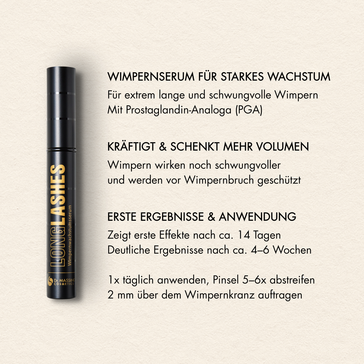 Übersicht der Vorteile des Dr. Massing Long Lashes Classic Wimpernserums, wie: "Wimpernserum für starkes Wachstum", "Kräftigt & schenkt mehr Volumen", "erste Ergebnisse nach ca. 14 Tagen"