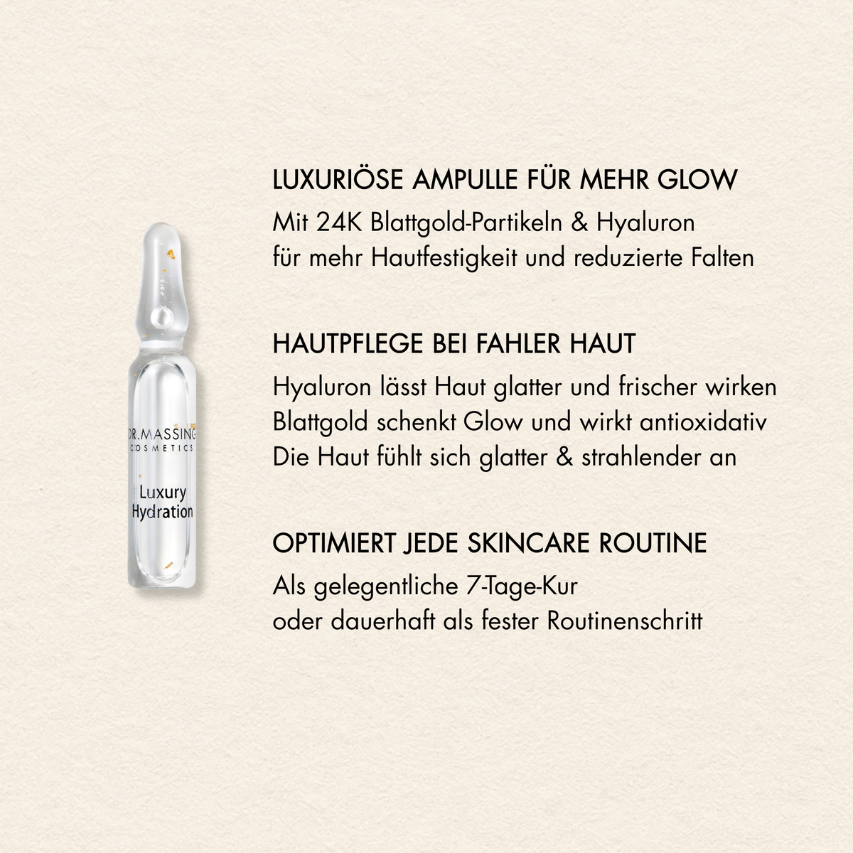 Vorteile Luxury Hydration Ampullen Box wie "Luxuriöse Ampulle für mehr Glow", "Hautpflege bei fahler Haut", "Optimiert jede Skincare Routine"