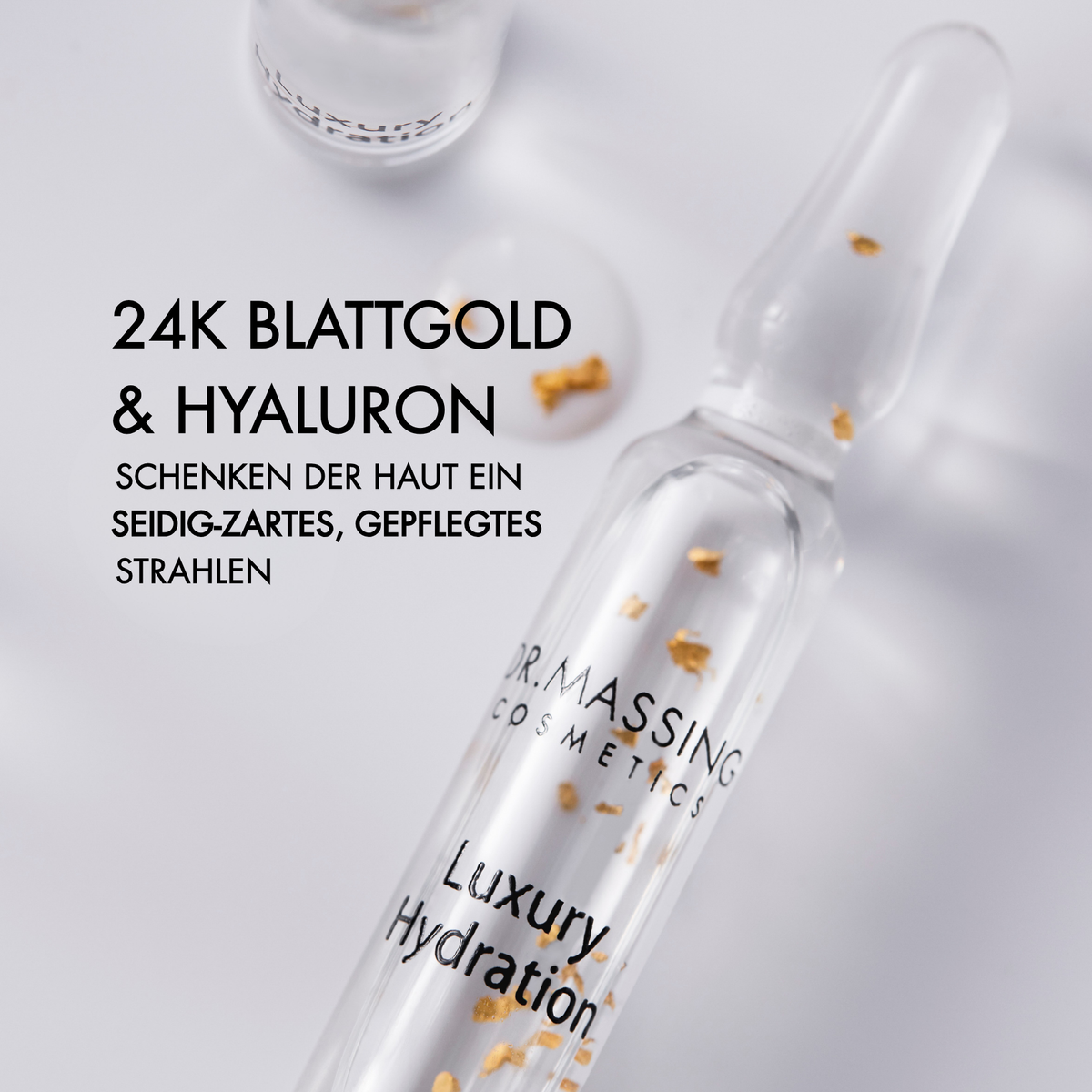 Wirkstoff Vorteile der Luxury Hydration Ampulle wie "24K Blattgold & Hyaluron schenken der Haut ein seidig-zartes gepflegtes Strahlen"