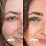 Vorher-/Nachher Vergleichsbild zeigt definierte und vollere Wimpern nach der Anwendung der Volume Mascara