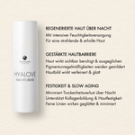 Übersicht der Vorteile der Dr. Massing Hyalove Nachtcreme wie: "Regenerierte Haut über Nacht", "Gestärkte Hautbarriere", "Festigkeit und Slow Aging"