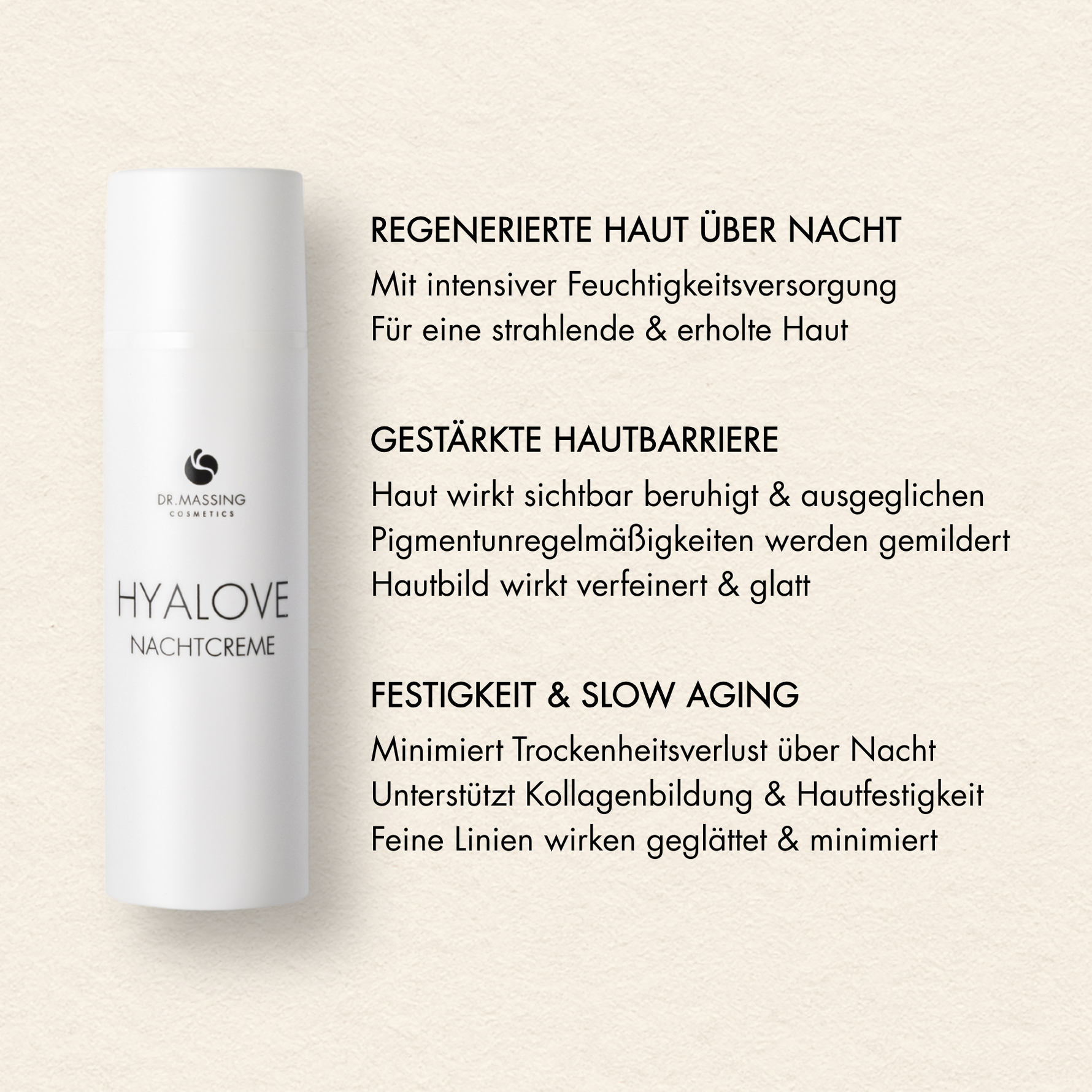 Übersicht der Vorteile der Dr. Massing Hyalove Nachtcreme wie: "Regenerierte Haut über Nacht", "Gestärkte Hautbarriere", "Festigkeit und Slow Aging"