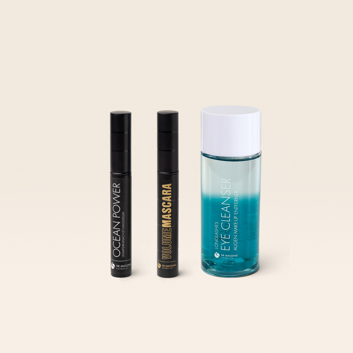Dr. Massing Cosmetics Produktbild Ocean Power Wimpernserum, Volume Mascara und Long Lashes Eye Cleanser im Set