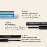 Übersicht der Vorteile und Schritt Anwendung des Eye Cleansers, Wimperserum und Mascara im Set
