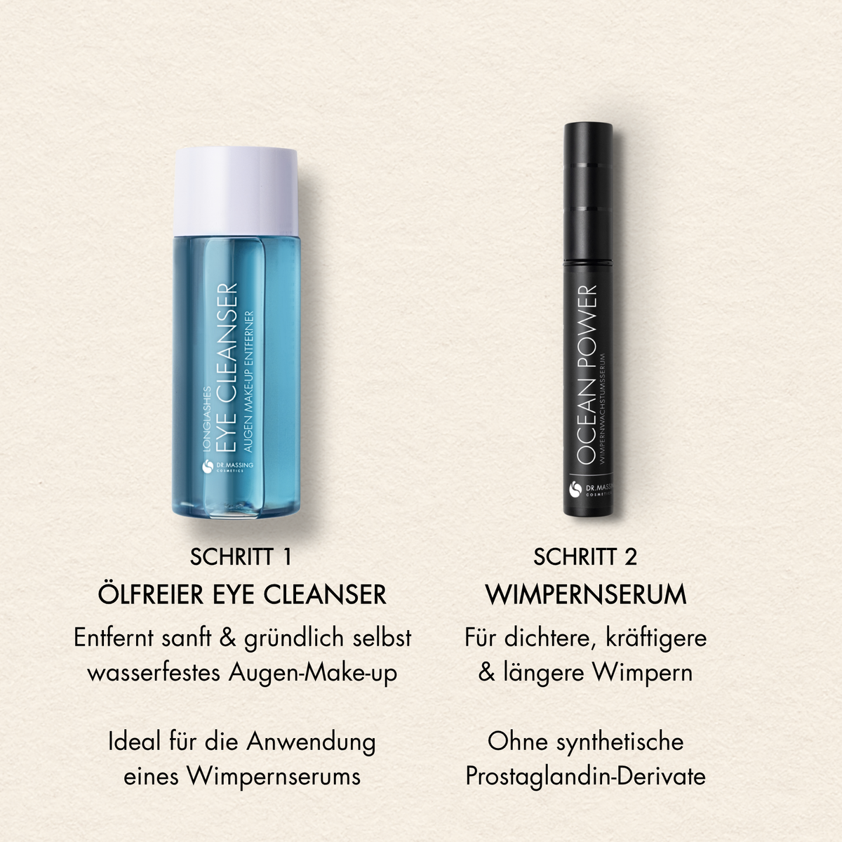 Übersicht der Vorteile und Schritt Anwendung des Dr. Massing Eye Cleansers und Ocean Power Serums, wie: "entfernt sanft und gründlich selbst wasserfestes Augen-Make-up", "Für dichtere, kräftigere und längere Wimpern", "ohne synthetische Prostaglandin-Derivate"