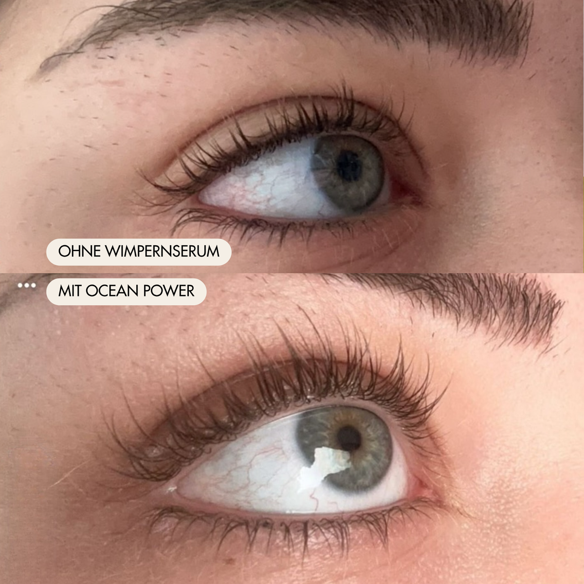 Vorher-/Nachher Vergleichsbild zeigt dichtere, länger und kräftigere Wimpern nach der Anwendung des Ocean Power Serums