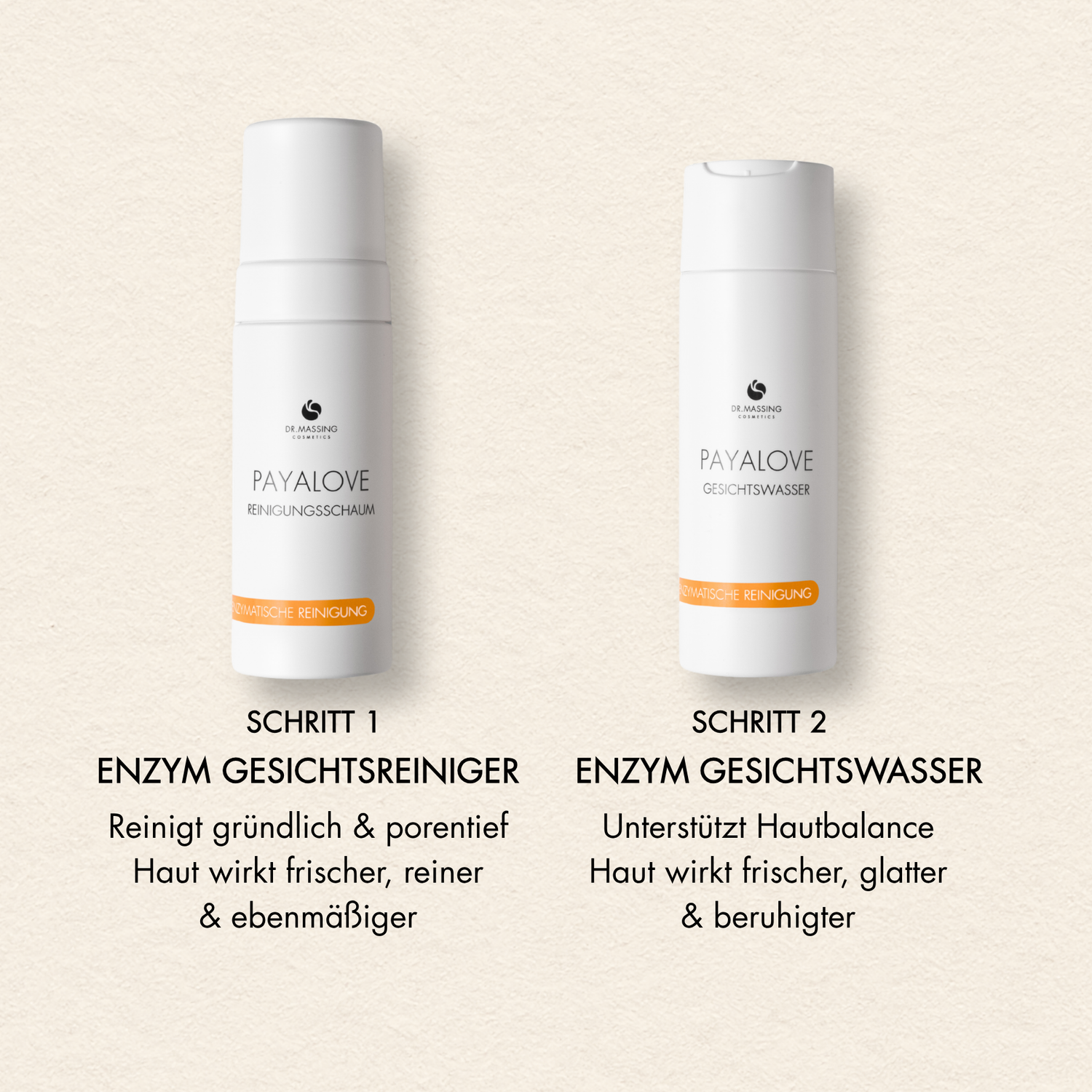Schritte und Vorteile des Payalove Sets mit Toner und Cleanser, wie "Reinigt gründlich & porentief", "Unterstützt Hautbalance"