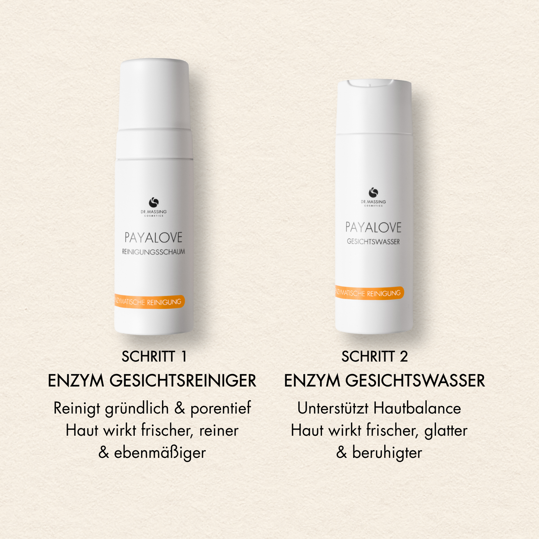Schritte und Vorteile des Payalove Sets mit Toner und Cleanser, wie "Reinigt gründlich & porentief", "Unterstützt Hautbalance"