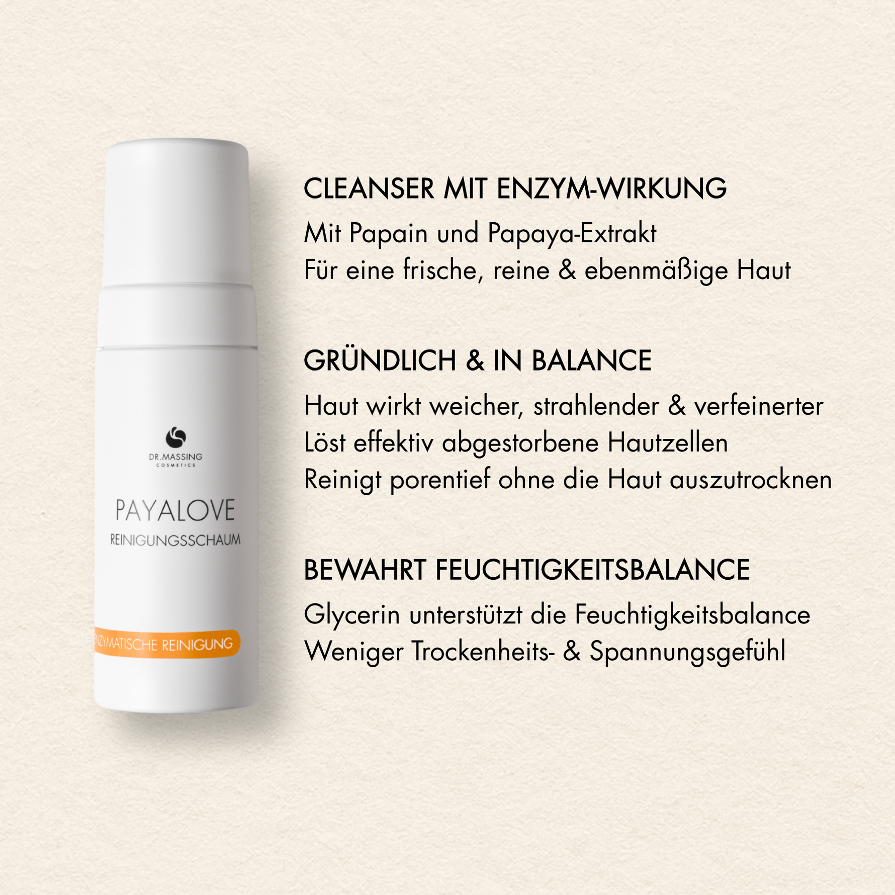 Übersicht der Vorteile des Dr. Massing Reinigungsschaum wie: "Cleanser mit Enzym-Wirkung", "Haut wirkt weicher, strahlender  verfeinerter", "Bewahrt Feuchtigkeitsbalance"