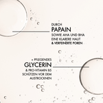 Übersicht der Wirkstoffe des Dr. Massing Toners wie: "Durch Papain sowie AHA und BHA eine klarere Haut & verfeinerte Poren", "Pflegendes Glycerin & Pro-Vitamin B5 schützen vor dem Austrocknen"