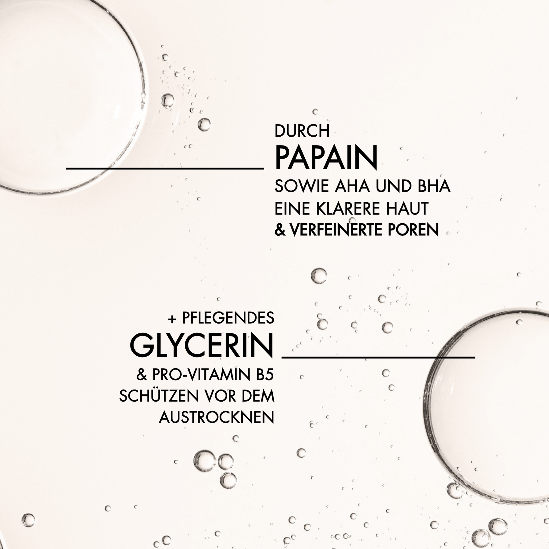 Übersicht der Wirkstoffe des Dr. Massing Toners wie: "Durch Papain sowie AHA und BHA eine klarere Haut & verfeinerte Poren", "Pflegendes Glycerin & Pro-Vitamin B5 schützen vor dem Austrocknen"