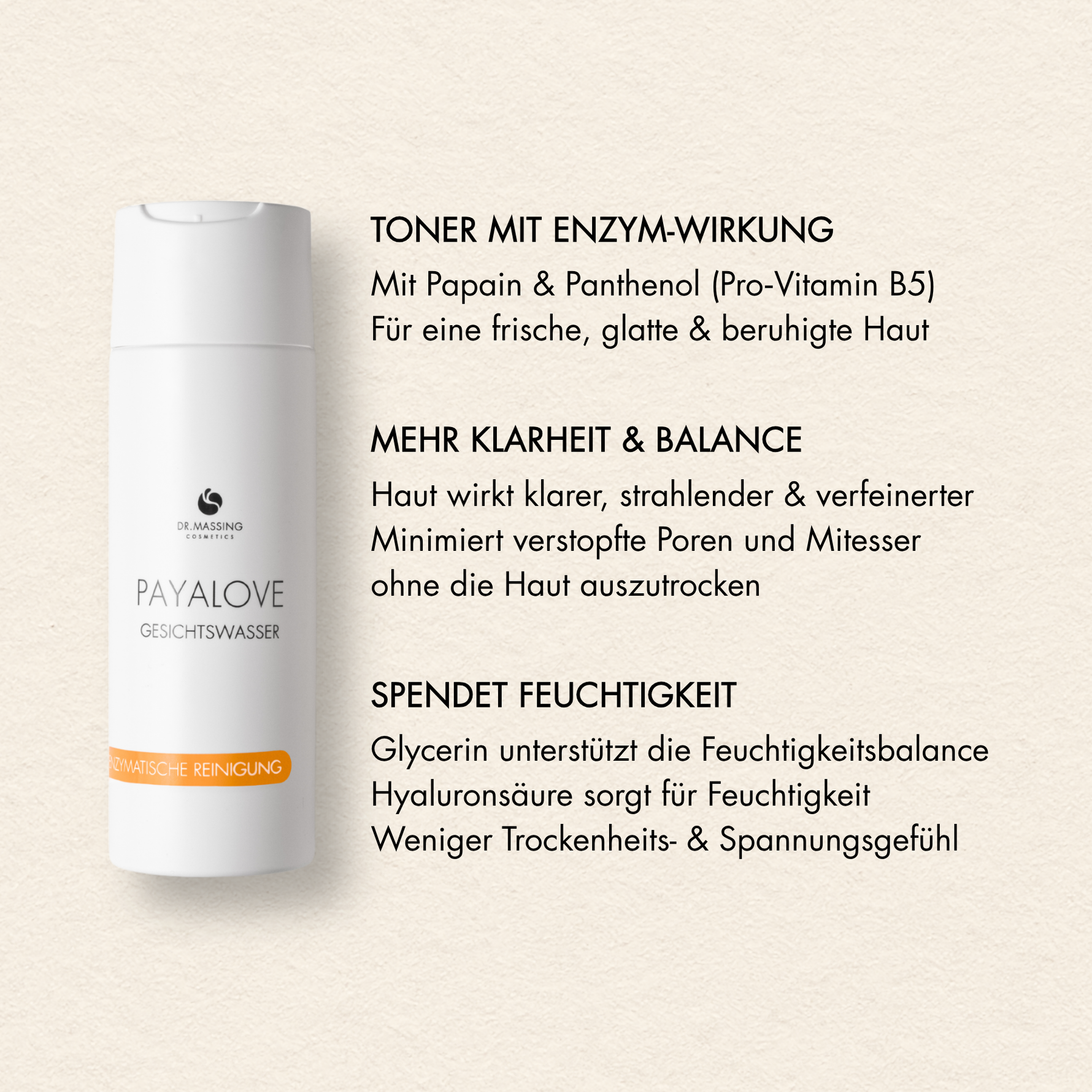 Übersicht der Vorteile des Dr. Massing Gesichtswasser wie: "Toner mit Enzym-Wirkung", "Haut wirkt klarer, strahlender  verfeinerter", "Weniger Trockenheits- & Spannungsgefühl"