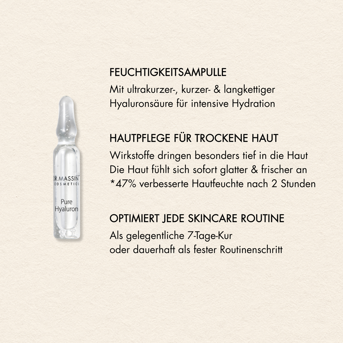 Vorteile Pure Hyaluron Ampullen wie "Feuchtigkeitsampulle", "Hautpflege für trockene Haut", "Optimiert jede Skincare Routine"