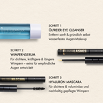 Übersicht der Vorteile und Schritt Anwendung des Eye Cleansers, Sensitive Wimperserum und Mascara im Set