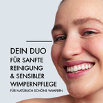 Portrait einer jungen Frau. Neben ihrem Gesicht steht in schwarzer Schrift: "Dein Duo für sanfte Reinigung und sensibler Wimpernpflege. Für natürlich schöne Wimpern"