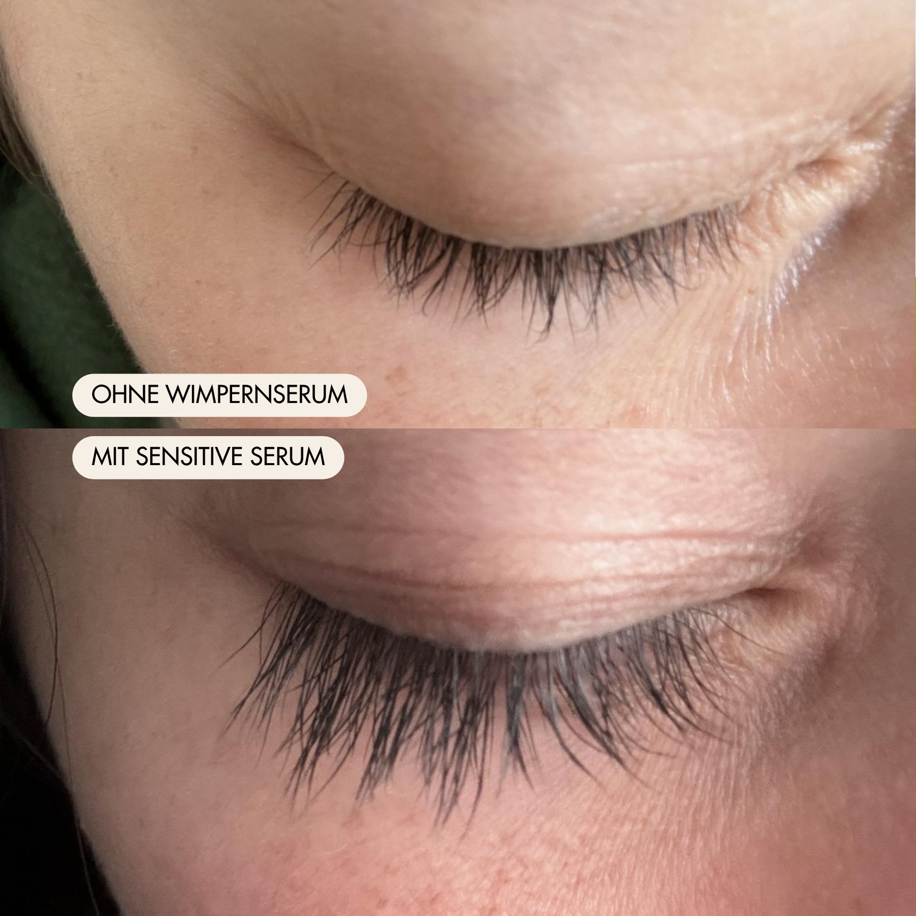 Vorher-/Nachher Vergleichsbild zeigt dichtere, länger und kräftigere Wimpern nach der Anwendung des Sensitive Serums