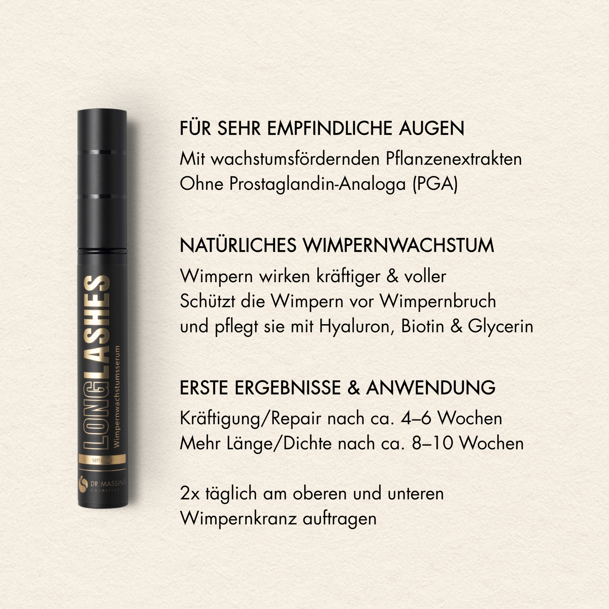 Übersicht der Vorteile des Dr. Massing Sensitive Serums, wie: "Für sehr empfindliche Augen", "Natürliches Wimpernwachstum", "erste Ergebnisse & Anwendung"