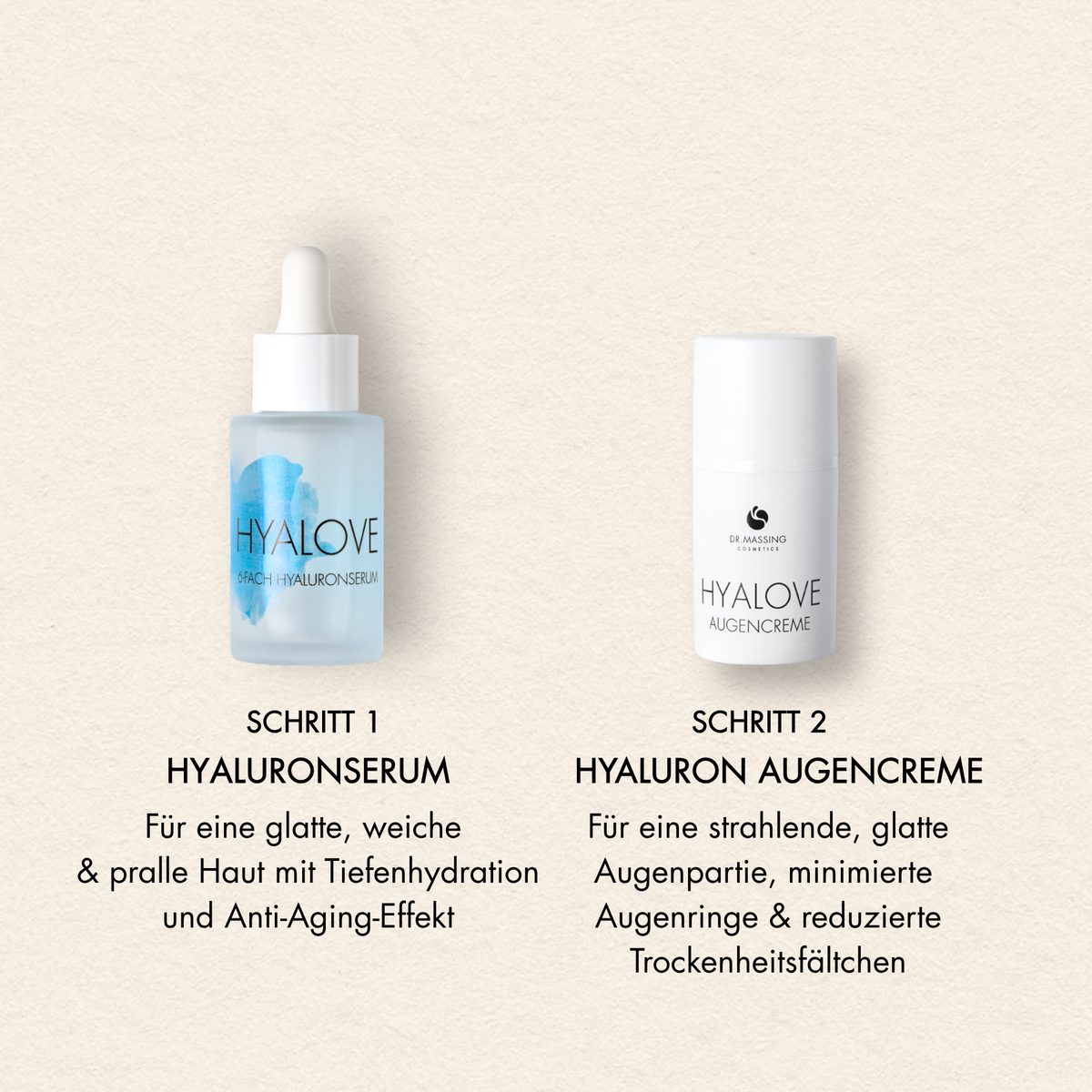 Schritte und Vorteile des Eye Glow Sets mit Hyaluronserum und Augencreme