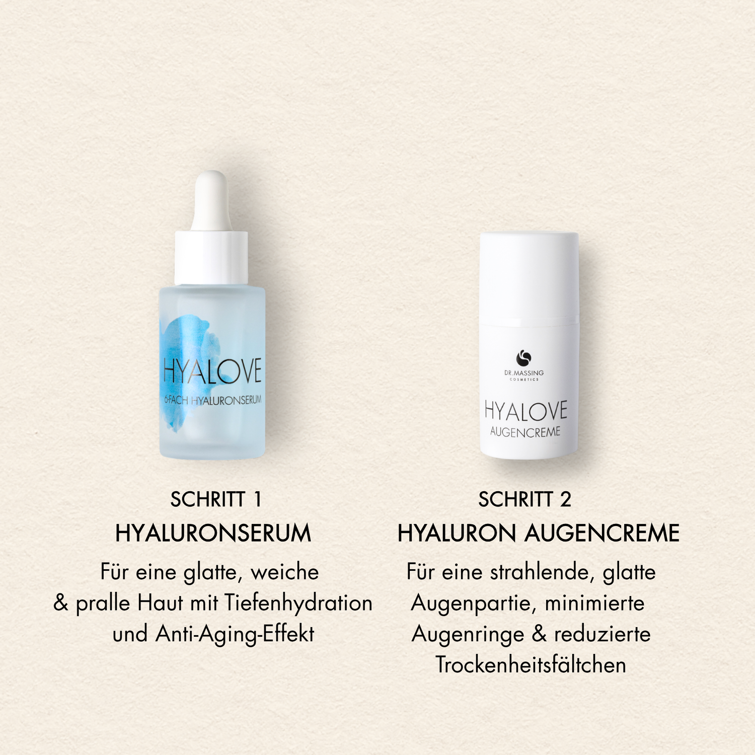 Schritte und Vorteile des Eye Glow Sets mit Hyaluronserum und Augencreme