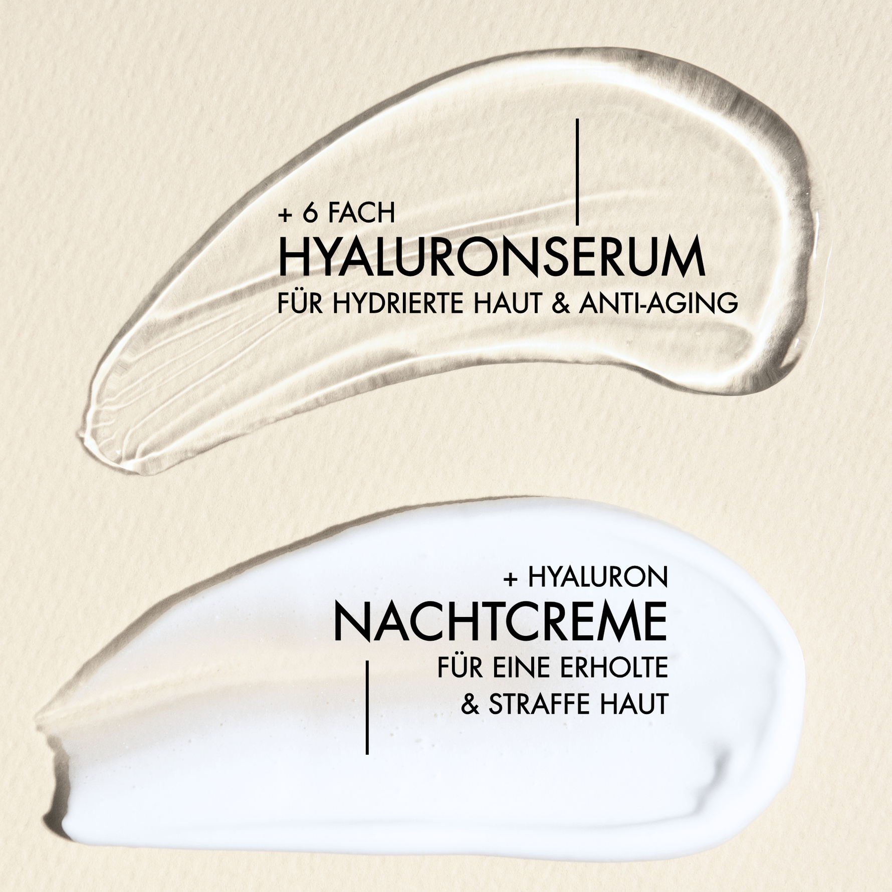 Textur Nahaufnahme des eye Glow Sets mit Vorteilen, wie "6-fach Hyaluron für hydrierte Haut & Anti-Aging", "Hyaluron Nachtcreme für eine erholte & straffe Haut"