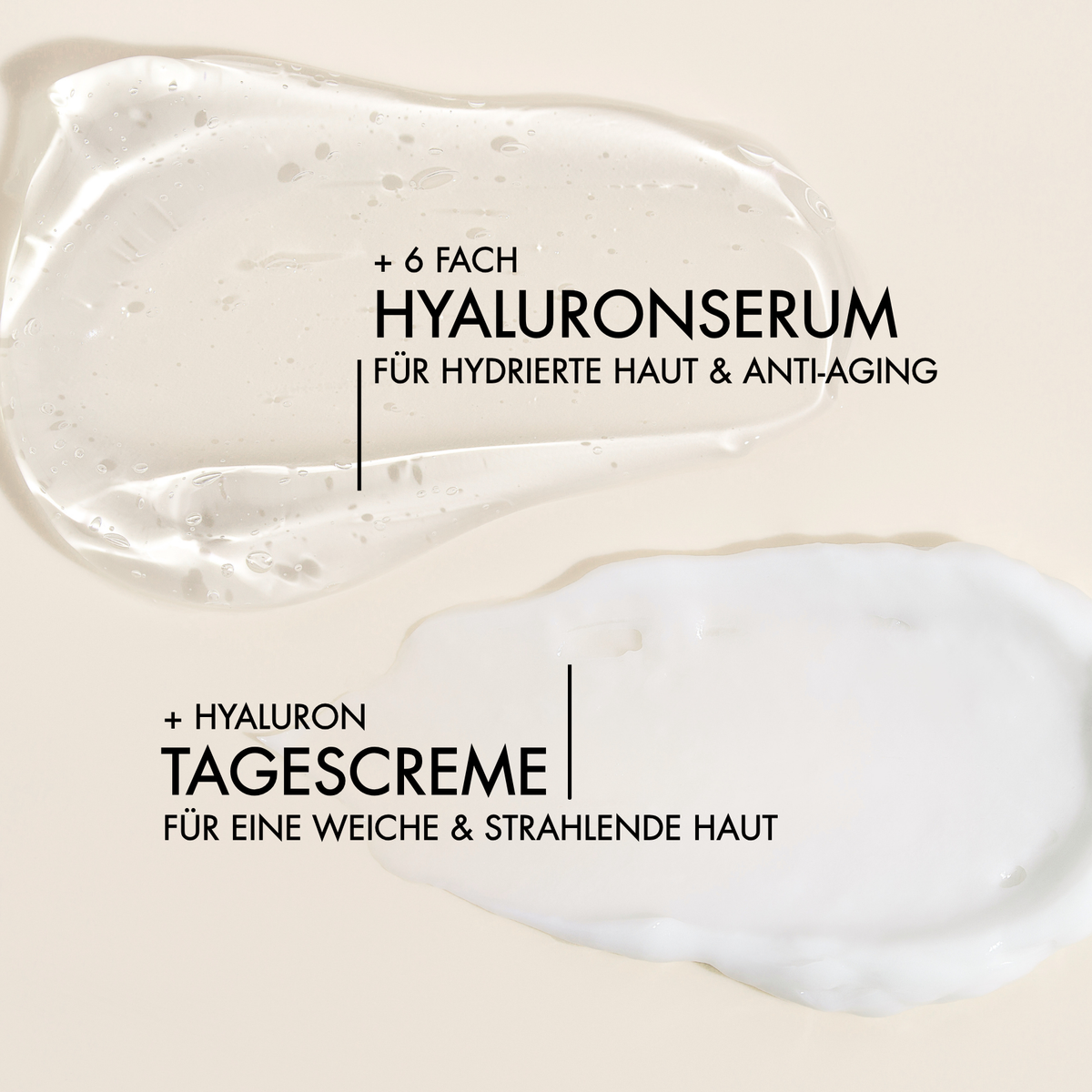 Textur Nahaufnahme des Day Glow Sets mit Vorteilen, wie "6-fach Hyaluron für hydrierte Haut & Anti-Aging", "Hyaluron Tagescreme für eine weiche & strahlende Haut"