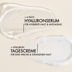 Textur Nahaufnahme des Day Glow Sets mit Vorteilen, wie "6-fach Hyaluron für hydrierte Haut & Anti-Aging", "Hyaluron Tagescreme für eine weiche & strahlende Haut"
