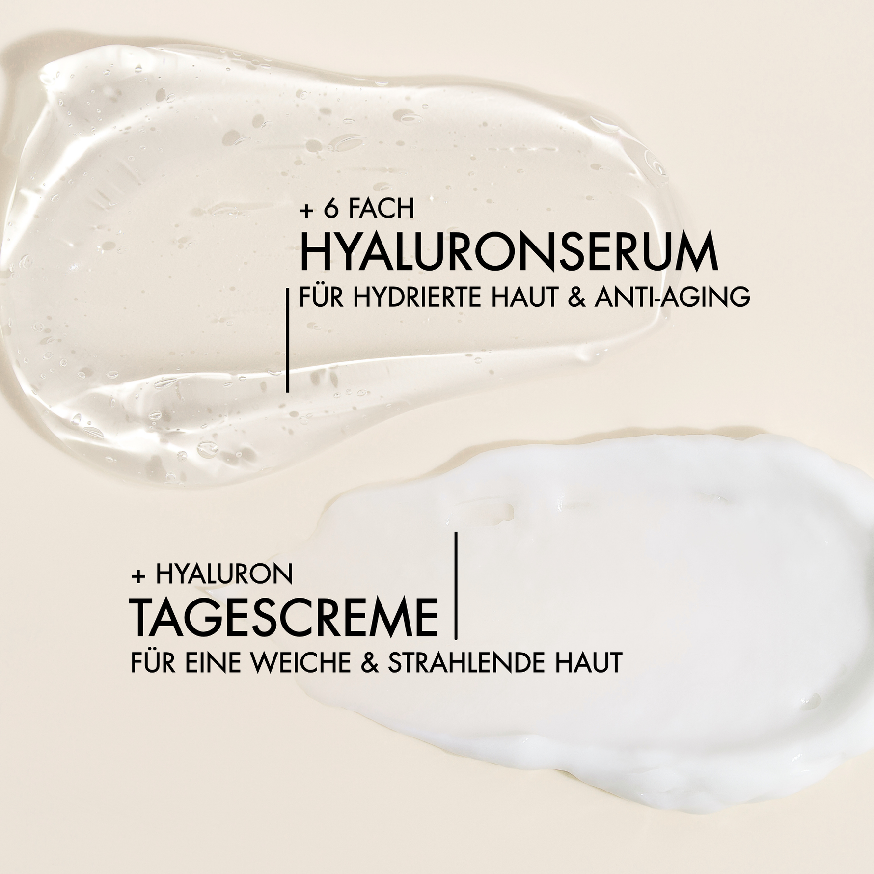 Textur Nahaufnahme des Day Glow Sets mit Vorteilen, wie "6-fach Hyaluron für hydrierte Haut & Anti-Aging", "Hyaluron Tagescreme für eine weiche & strahlende Haut"