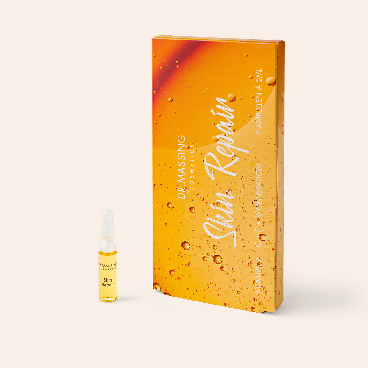 Dr. Massing Skin Repair Gesichtsampulle Produktverpackung vor beigen Hintergrund