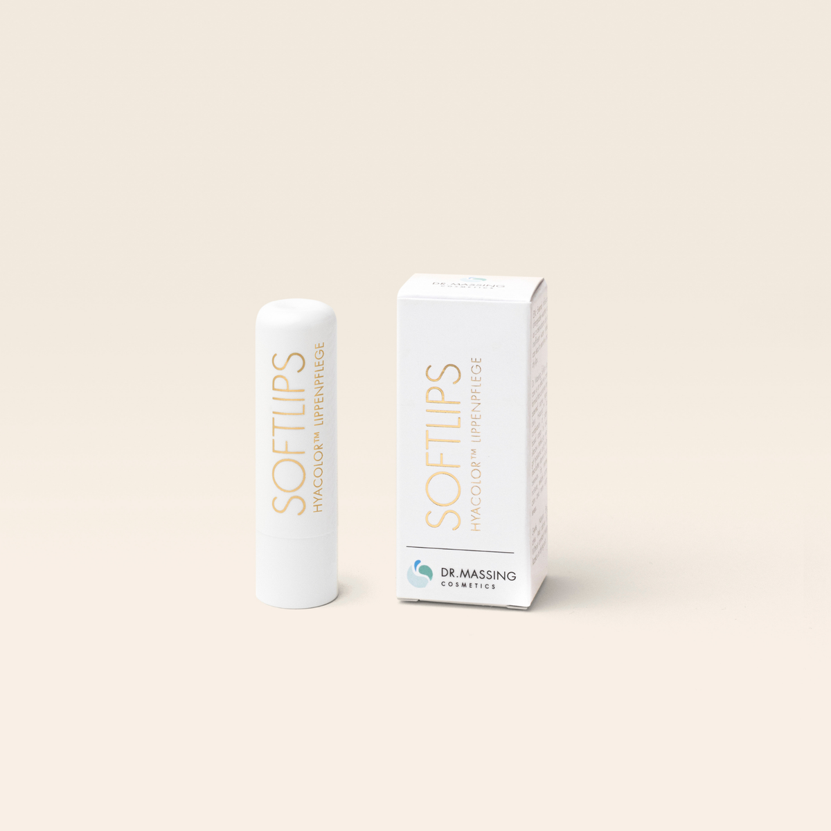 Dr. Massing SoftLips Gold Hyaluron Lippenpflege Produktverpackung vor beigen Hintergrund