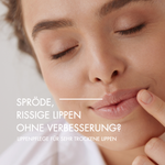 Nahaufnahme Frau mit schönen vollen Lippen und geschlossenen Augen, daneben in weißer Schrift "Spröde, rissige Lippen ohne Verbesserung? Lippenpflege für sehr trockene Lippen"
