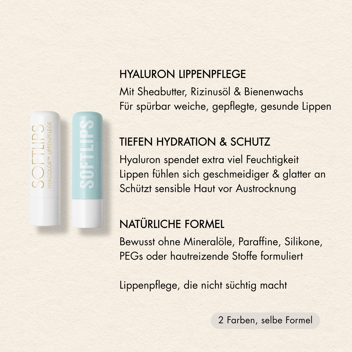 Vorteile Soft Lips Lippenpflege wie "Hyaluron Lippenpflege", "Tiefen Hydration & Schutz", "Natürliche Formel"