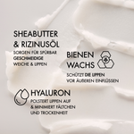 Wirkstoff Vorteile der SoftLips Lippenpflege wie "Sheabutter & Rizinusöl sorgen für spürbar geschmeidige & weiche Lippen", "Hyaluron polstert Lippen auf & minimiert Fältchen und Trockenheit"