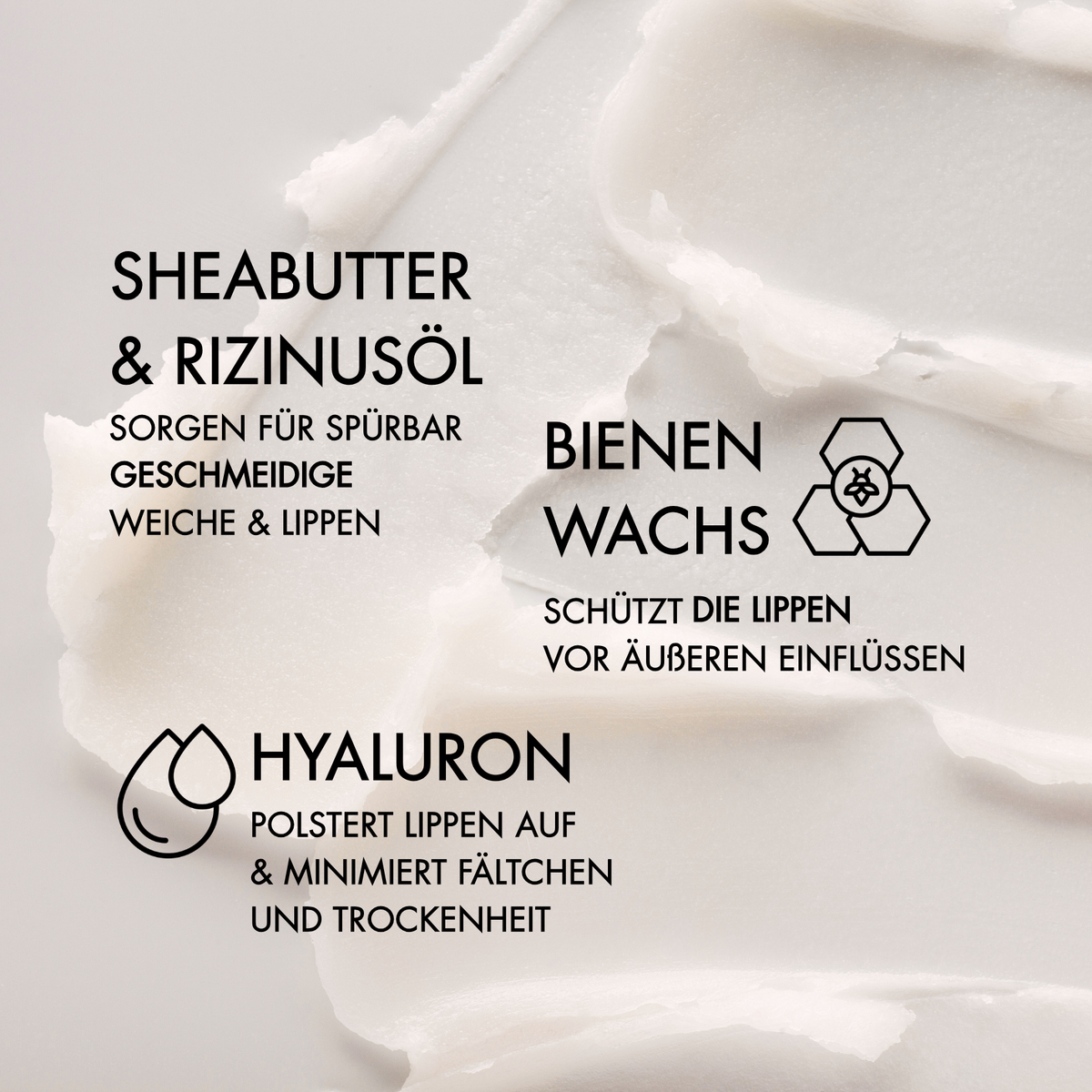 Wirkstoff Vorteile der SoftLips Lippenpflege wie "Sheabutter & Rizinusöl sorgen für spürbar geschmeidige & weiche Lippen", "Hyaluron polstert Lippen auf & minimiert Fältchen und Trockenheit"