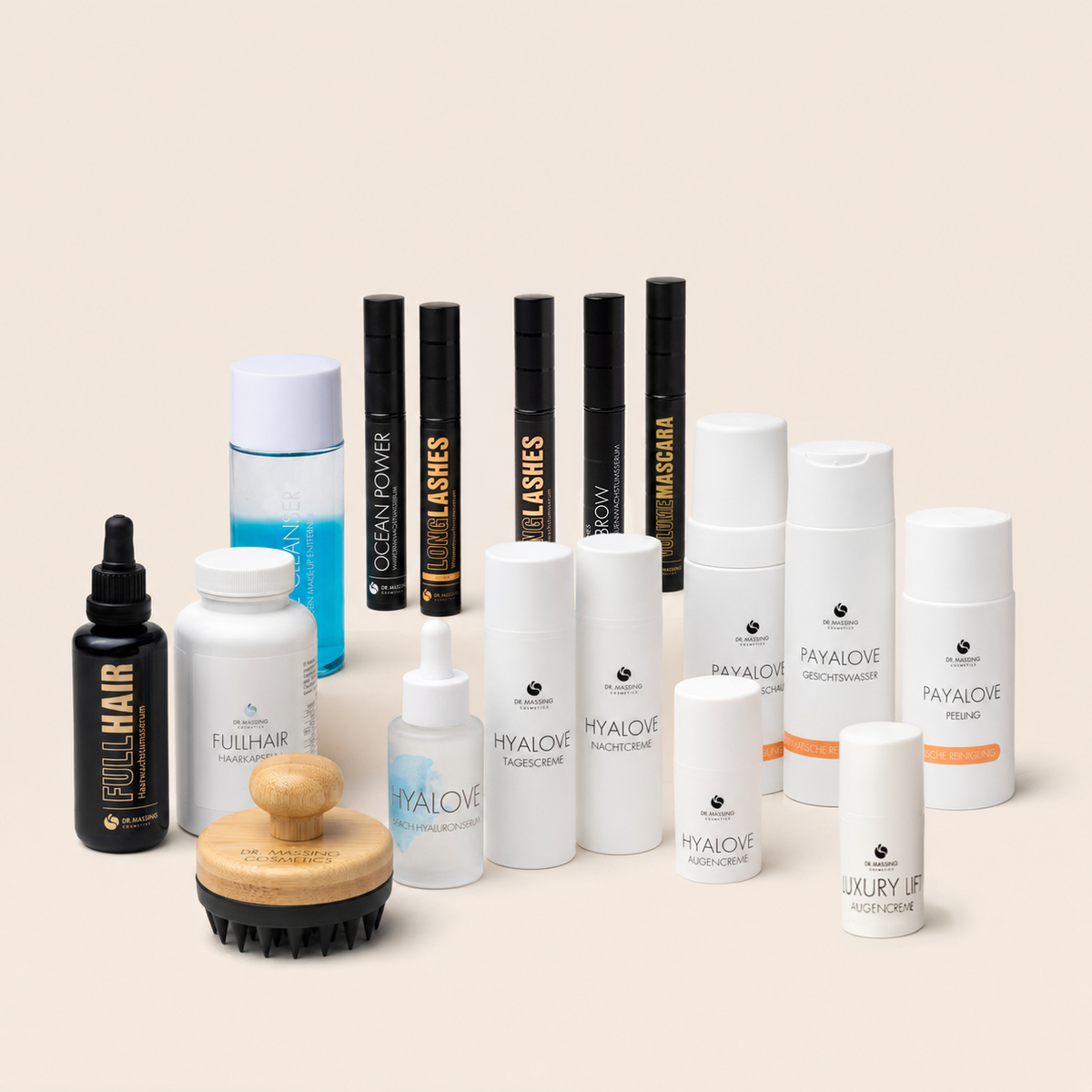 Alle Dr. Massing Produkte vor beigen Hintergrund