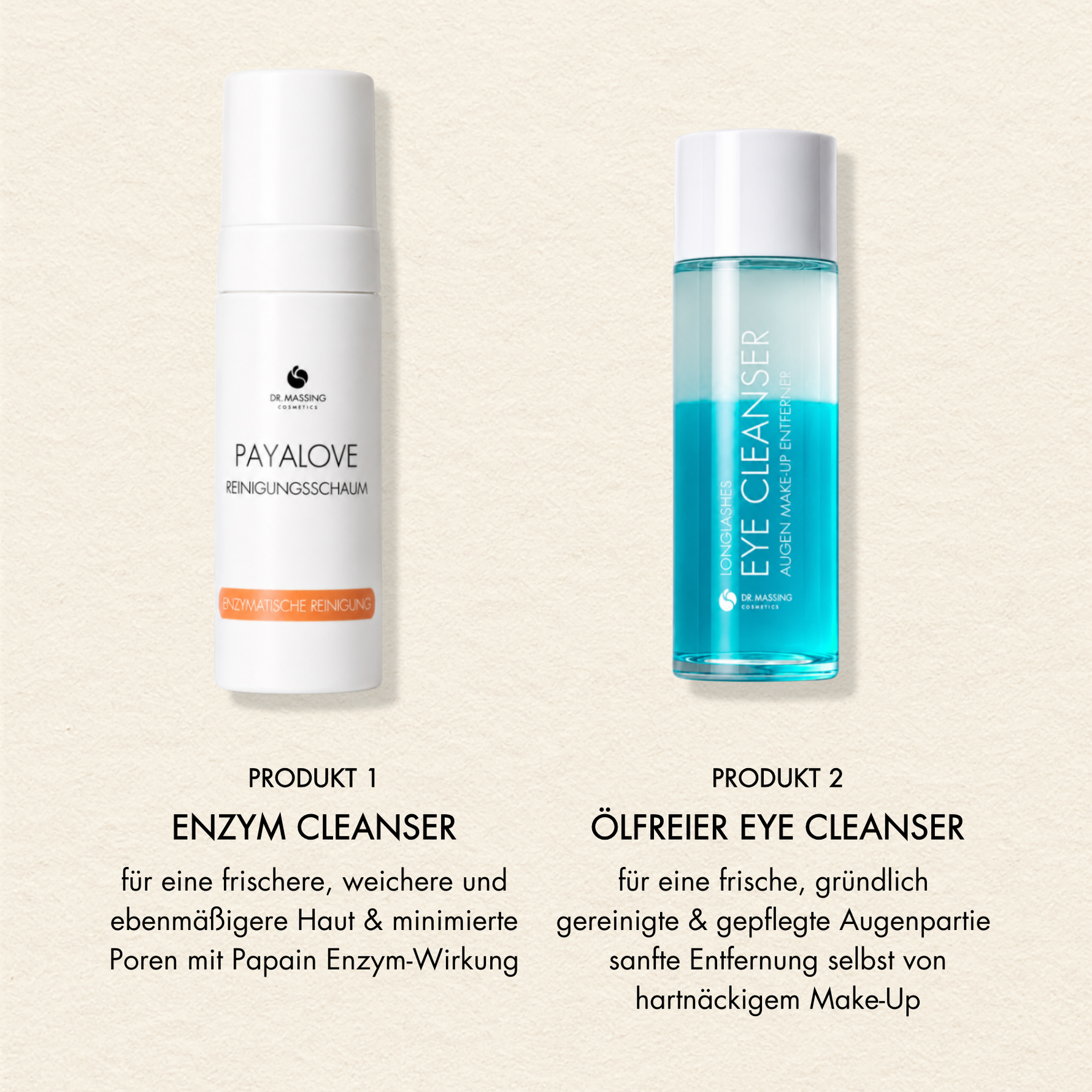 Double Cleansing Duo Übersicht. Produkt 1: Enzym Cleanser und Produkt 2: Ölfreier Eye Cleanser