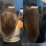 Vorher Nachher Bild einer jungen Frau mit langen Haaren, die Fullhair Haarkapseln verwendet hat.