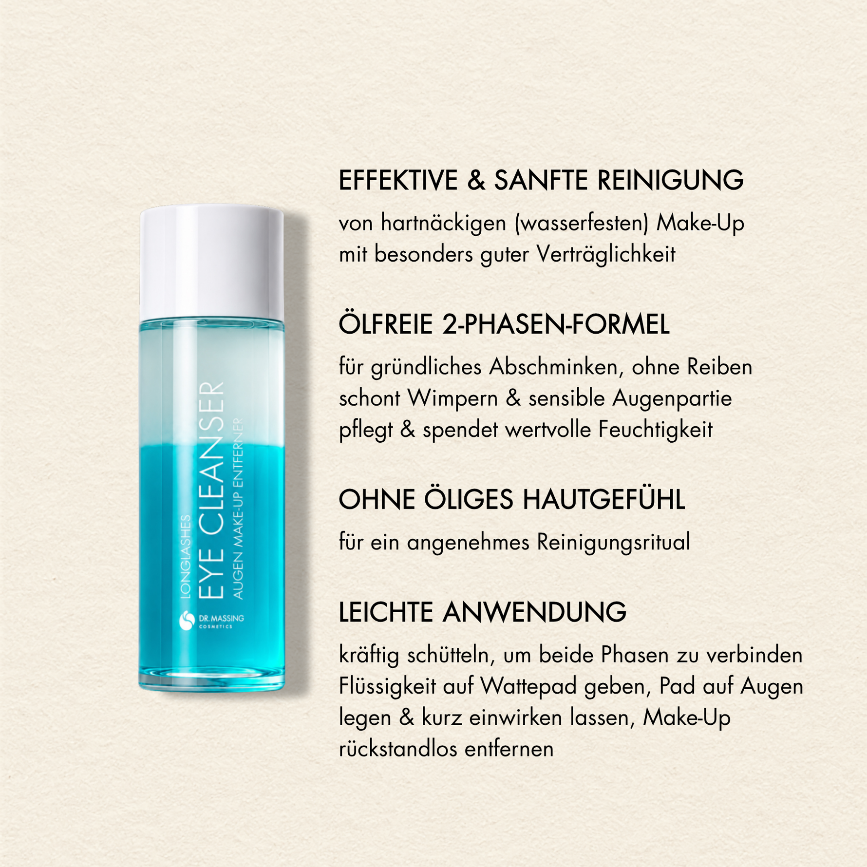 Übersicht der Vorteile des Dr. Massing Eye Cleansers, wie: "Effektive und sanfte Reinigung", "Ölfreie 2-Phasen-Formel", "ohne öliges Hautgefühl" und "leichte Anwendung"