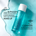 Produktabbildung des Eye Cleansers von Dr. Massing mit Highlights, wie: "Ölfreie Bi-Phasen Formel für eine effektive und sanfte Reinigung selbst von wasserfesten Make-up" und "Ideal als Cleanser bei der Verwendung eines Wimpernserums"