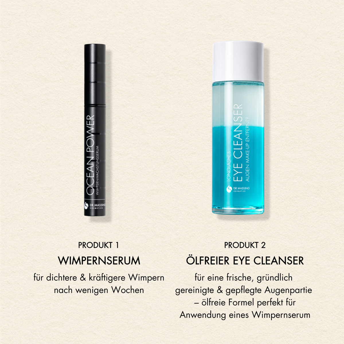 Eyeconic Duo Übersicht. Produkt 1: Wimpernserum und Produkt 2: Ölfreier Eye Cleanser