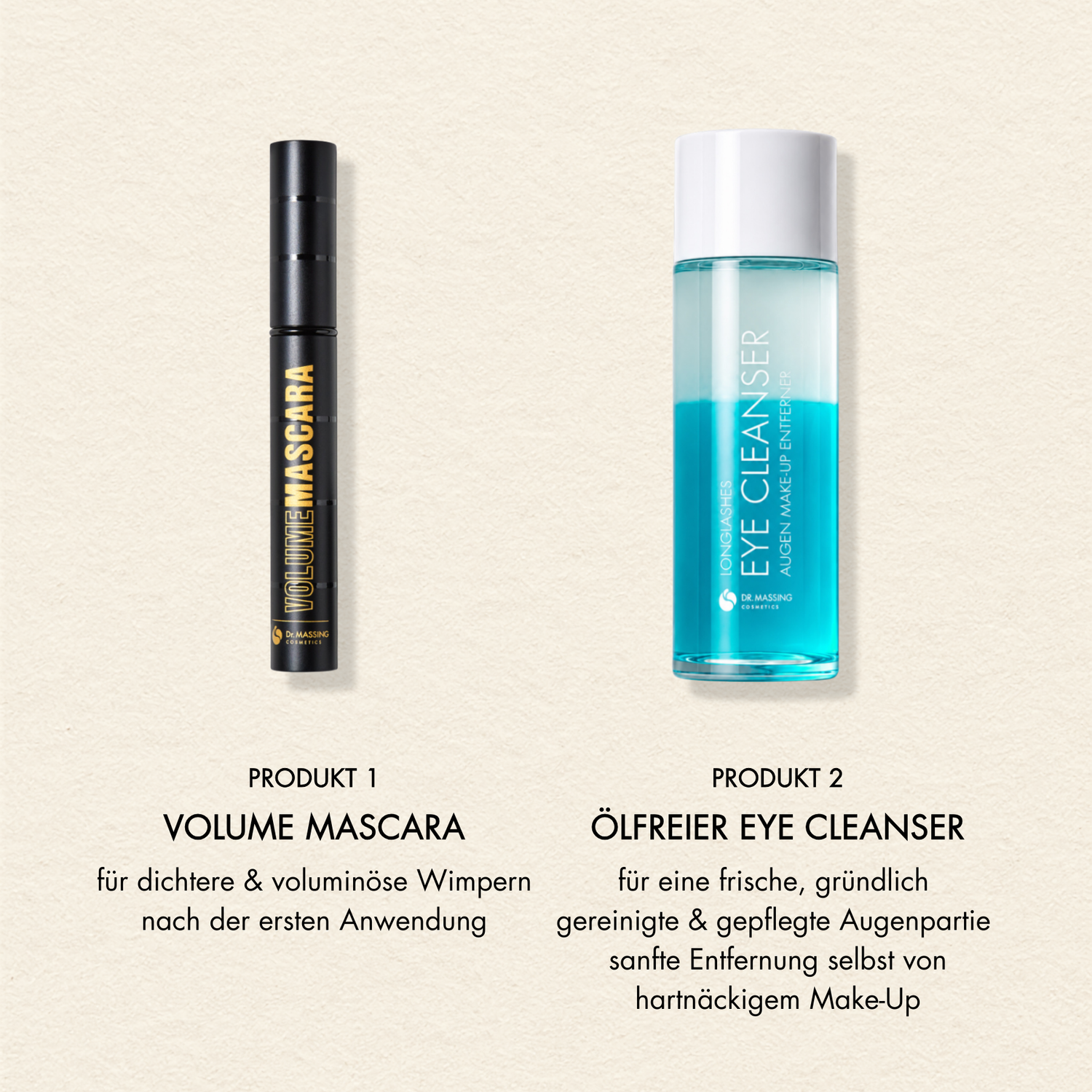Eyessentials Duo Übersicht. Produkt 1: Volume Mascara und Produkt 2: Ölfreier Eye Cleanser