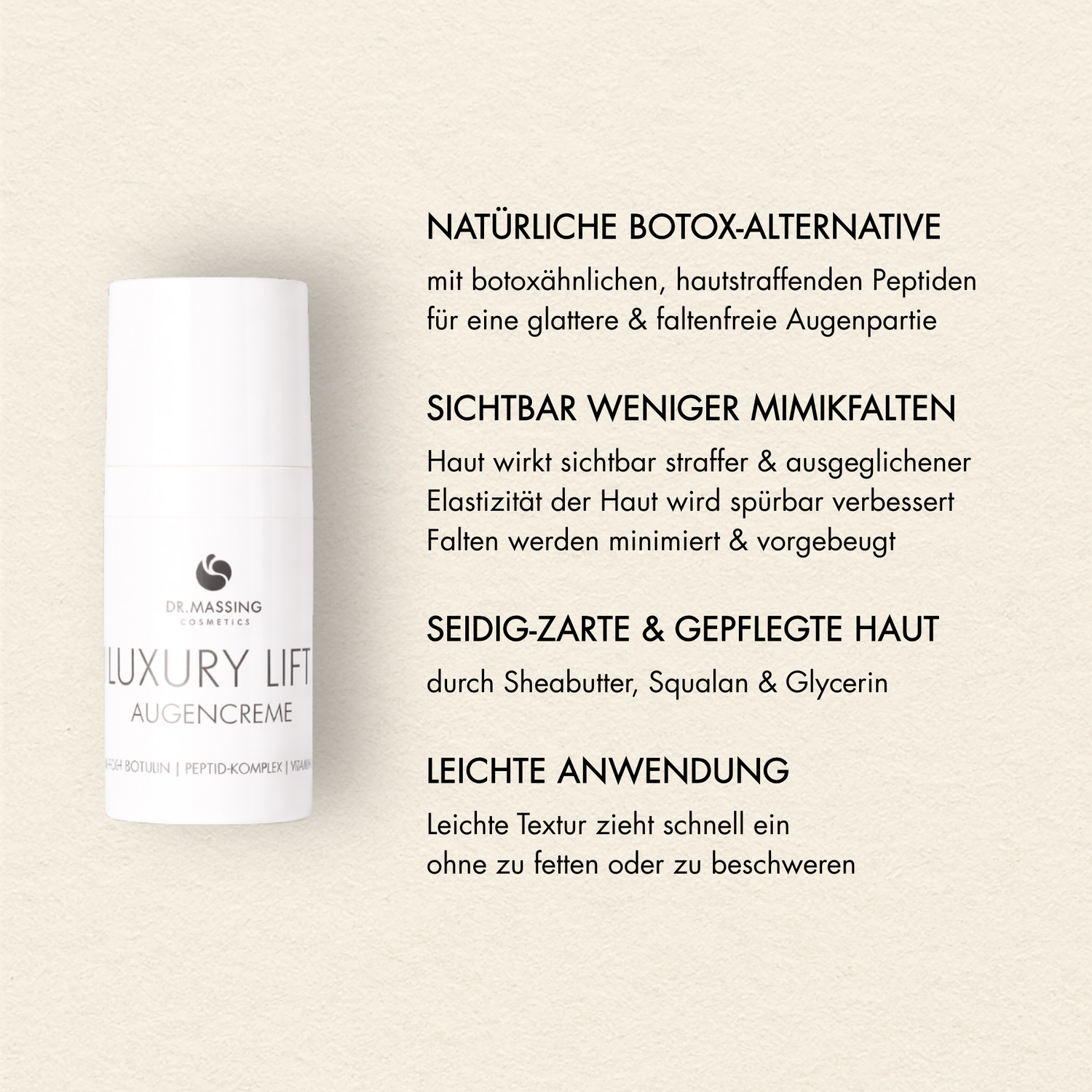 Produktvorteile der Luxury Lift Augencreme - Natürliche Botox-Alternative, sichtbar weniger Mimikfalten, seidig-zarte und gepflegte Haut, leichte Anwendung