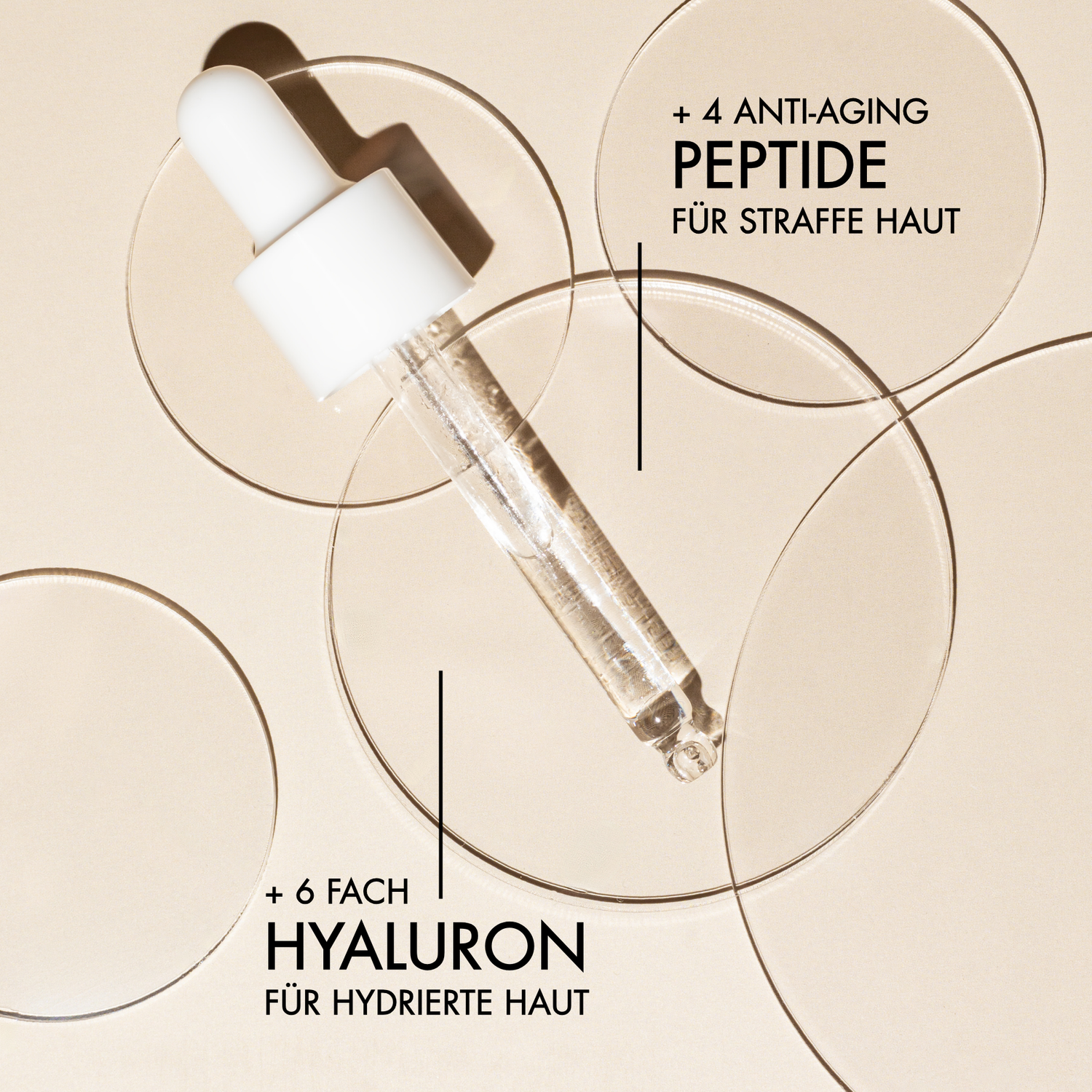 Produtk Detailansicht der Hyalove Pipette und Vorteile des Serums, wie: "+4 Anti-Aging Peptide für straffere Haut", "+ 6-fach Hyaluron für hydrierte Haut"