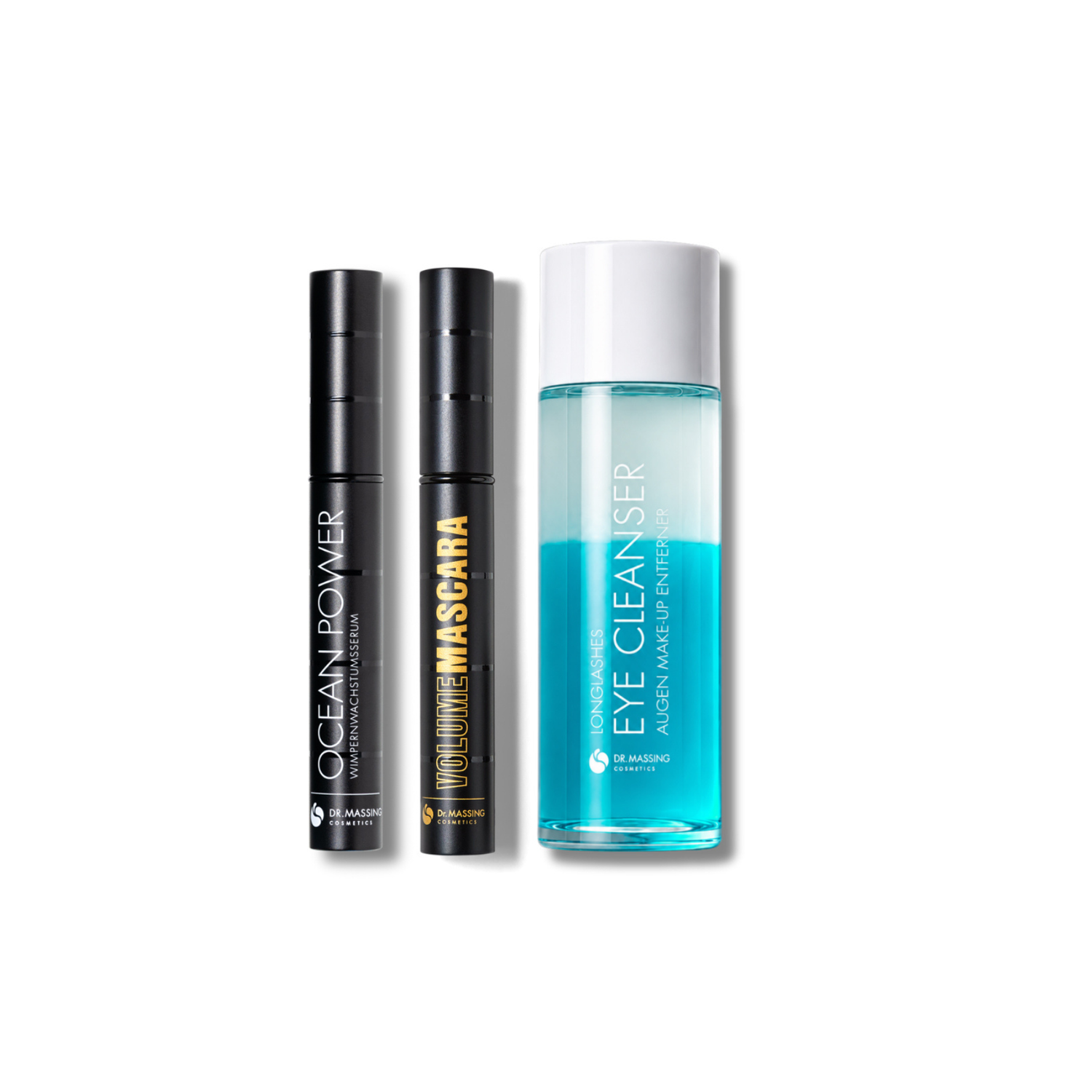 Perfect Lash Trio (Ocean Power Wimpernserum mit Volume Mascara und Eye Cleanser) vor weißem Hintergrund