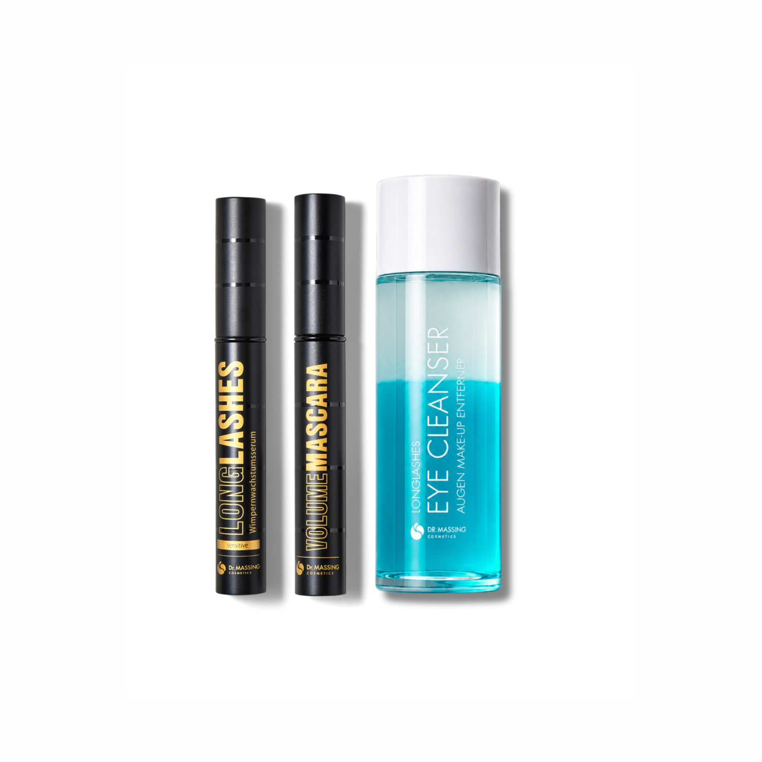 Perfect Lash Trio (Sensitive Wimpernserum mit Volume Mascara und Eye Cleanser) vor weißem Hintergrund